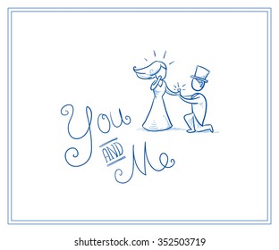 Cartoon love wedding couple for engagement or marriage invitation save the date card. Hand drawn vector illustration