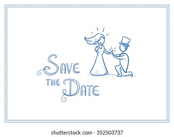 Cartoon Love Wedding Couple For Engagement Or Marriage Invitation Save The Date Card. Hand Drawn Vector Illustration