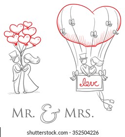 Cartoon love wedding couple with heart balloons for engagement or marriage invitation, save the date card. Hand drawn vector illustration