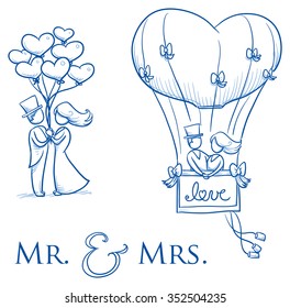 Cartoon love wedding couple with heart balloons for engagement or marriage invitation, save the date card. Hand drawn vector illustration