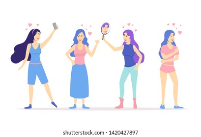 Cartoon Love Yourself Girls Concept Characters People Set Flat Design. Vector illustration of Beautiful Young Positive Persons
