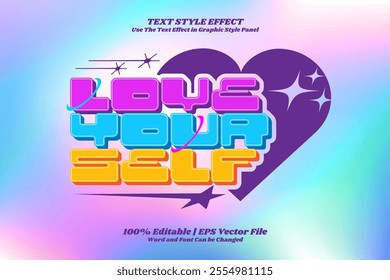 cartoon 'Love Yourself' text style effect on a hologram background, featuring brutalism design elements.