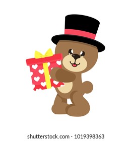 cartoon lovely bear in hat with gift