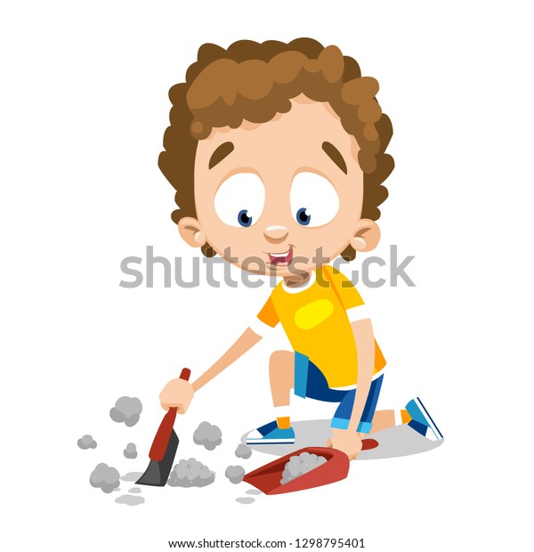 Cartoon Lovely Brunette Boy Sweeping Floor Stock Vector Royalty