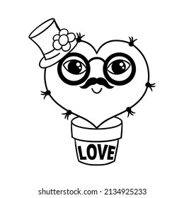 Cartoon lovely cactus outline illustration. Doodle vector illustration. Hand drawn style.