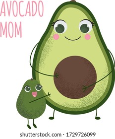 Cartoon Lovely kind pink illustration of avocado mom and baby avocado with pretty eyes. Cute pregnant avocado hugs a little avocado.