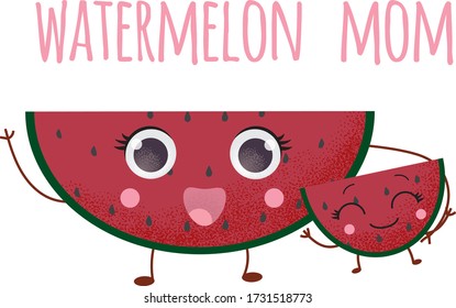 Cartoon Lovely kind pink illustration of watermelon mom and baby watermelon with pretty eyes. A cute watermelon holds the hand of a little watermelon. Picture with texture