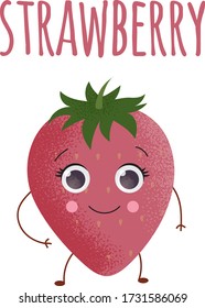 Cartoon Lovely kind pink illustration of strawberry with pretty eyes. A cute happy strawberry. Picture with texture