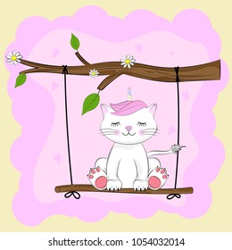 cartoon lovely kitty unicorn sits on a swing. Graphics for t-shirts. Greeting card. Vector illustration.