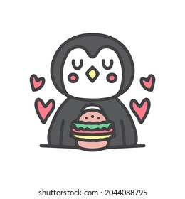 cartoon lovely penguin with burger, illustration for stickers and t shirt.