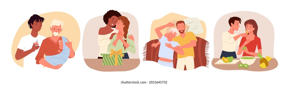 Cartoon lover characters standing, hugging and smiling, cooking food, sleeping in bedroom isolated on white. Couple people spend happy time together at home, harmony and love set, LGBT.