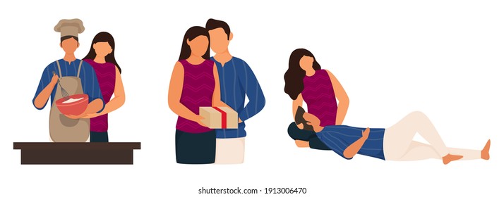 Cartoon Loving Couple Character In Three Activity On White Background.