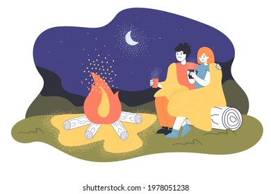 Cartoon loving couple sitting by fire at night. Flat vector illustration. Man and woman hugging, sitting on log, drinking tea, warming up by fire under moon. Nature, romance, walking holiday concept