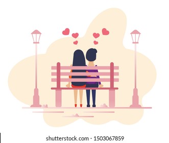 Cartoon Loving Couple Sitting Together On Park Bench. Man And Woman Enjoying First Dating. Guy And Girl Falling In Love. Amorousness And New Relationship. Flat Cutout Vector Illustration. Back View