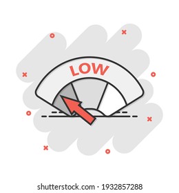 Cartoon low level icon in comic style. Speedometer, tachometer sign illustration pictogram. Low level splash business concept.