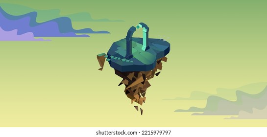 Cartoon low polygonal isometric 3d flying fantasy island with glowing magic portal against the sky background with copy space, vector banner