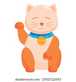 Cartoon lucky cat with its eyes closed wearing a blue collar and raising its paw