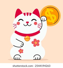 Gato afortunado de la historieta con una pata levantada, sosteniendo una moneda de dólar, con un cuello rojo y detalles de la flor de Sakura, estilo japonés y chino para la fortuna, la prosperidad, la buena suerte y el símbolo de la riqueza