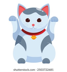 Cartoon lucky cat waving paw wearing red collar and golden bell