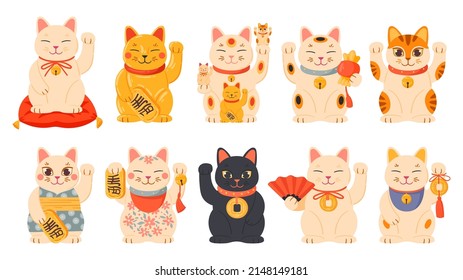 Cartoon lucky cats, japanese maneki neko, oriental funny cats. Money and richness fortune asian kittens vector symbols illustrations set. Traditional lucky cats souvenirs