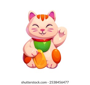 Caricatura afortunada japonesa maneki neko gato afortunado. Aislado Vector alegre gatito souvenir con una sonrisa amistosa y la pata levantada que sostiene el lingote de oro. Figura tradicional símbolo de buena suerte y prosperidad