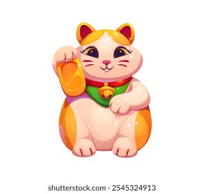 Caricatura de la suerte japonés Maneki Neko gato. Estatua de Vector aislada con pata levantada y expresión amistosa, con un babero verde brillante y cuello de campana. Símbolo de suerte, prosperidad, cultura del este de Japón