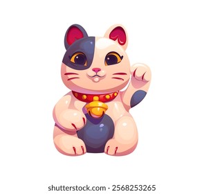 Cartoon lucky Japanese Maneki Neko cat. Isolated vector souvenir or talisman with raised paw and friendly expression wearing bell collar. Symbol of luck, prosperity and wealth in Eastern Japan culture