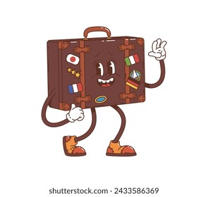 Cartoon luggage suitcase groovy character, retro travel baggage. Isolated vector vintage bag with country flag stickers. personage with expressive eyes and a wide, welcoming smile, ready to trip