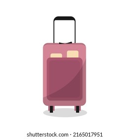 Cartoon luggage suitcase on wheels. Isolate on a white background. Vector flat illustration