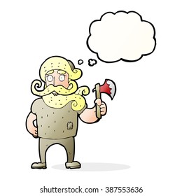 cartoon lumberjack with axe with thought bubble