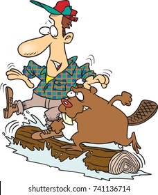 cartoon lumberjack balancing on a log with a beaver