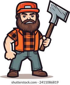 Cartoon lumberjack mit Bart, orangefarbener Hut, der eine Axt hält, selbstbewusst steht. Holzschneider in gepolstertem Hemd, das Stärke und Außenarbeit zeigt, Vektorgrafik.