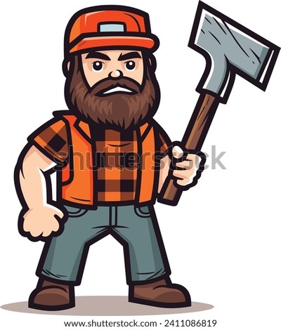 Cartoon lumberjack with beard, orange hat, holding an axe, standing confidently. Woodcutter in plaid shirt depicting strength and outdoor work vector illustration.