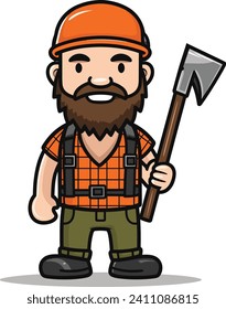 Cartoon lumberjack with beard, orange helmet, holding an axe, smiling. Worker character in safety gear, outdoors, manual labor profession vector illustration.