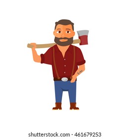 Cartoon lumberjack character with axe. Vector illustration