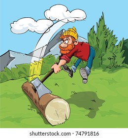 Cartoon lumberjack chopping a huge log. Forest as a background