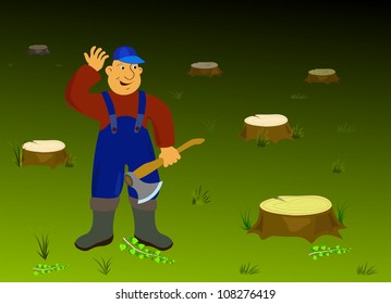 Cartoon lumberjack holding an axe. Vector illustration