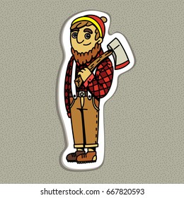 Cartoon lumberjack holding an axe. Vector illustration. Flat design. Cartoon Canadian sticker.