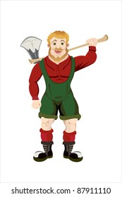Cartoon lumberjack holding an axe.Isolated on white