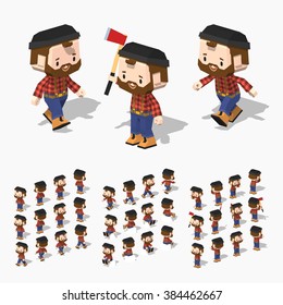 Cartoon lumberjack minifigure. 3D lowpoly isometric vector illustration. The set of objects isolated against the white background and shown from different sides