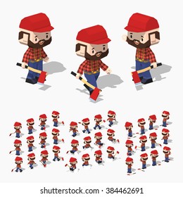 Cartoon lumberjack minifigure. 3D lowpoly isometric vector illustration. The set of objects isolated against the white background and shown from different sides