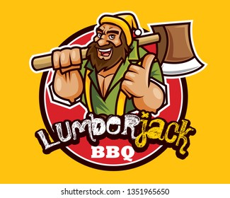 Cartoon lumberjack wears a beanie hat and holds a ax on shoulder. Bearded lumberjack woodcutter bbq with good hand sign - Vector