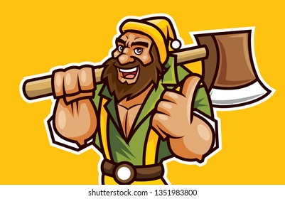 Cartoon lumberjack wears a beanie hat and holds a ax on shoulder. Bearded lumberjack with good hand sign - Vector