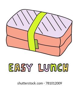 Cartoon lunch box. Hand drawn food pack. Vector sketch illustration.