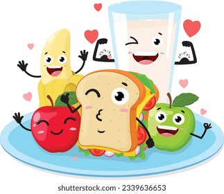 Caricatura Comida, sándwich, leche y frutas, conjunto de personajes de Cute, aislados en fondo blanco