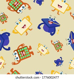 Cartoon Lunchbox, Calculator, Graduation Cap. Seamless Vector Pattern Design Background