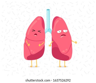 Cartoon lung character afraid dust or dangerous viral infections. Human internal organ prevents sick pneumonia tuberculosis airborne droplet. Medical warning disease protection vector eps illusrtation