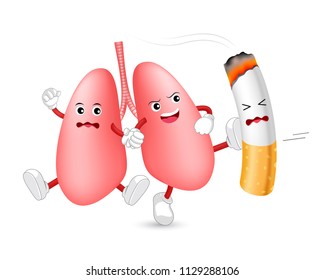 Cartoon lung character attacking the cigarette. Smoking is harmful to human lung. Resulting in organ damage and premature. World No Tobacco Day.