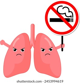 Cartoon lung character human organs holding stop and no smoking sign. Smoking effect on human internal organs. Health care concept. World no tobacco day. illustration.