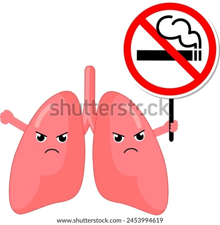 Cartoon lung character human organs holding stop and no smoking sign. Smoking effect on human internal organs. Health care concept. World no tobacco day. illustration.
